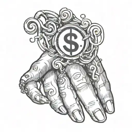 A woman hand with wire on her fingers, tehy vconnet the fingers with a dollar symbol, an heart and an hour glass tattoo design idea