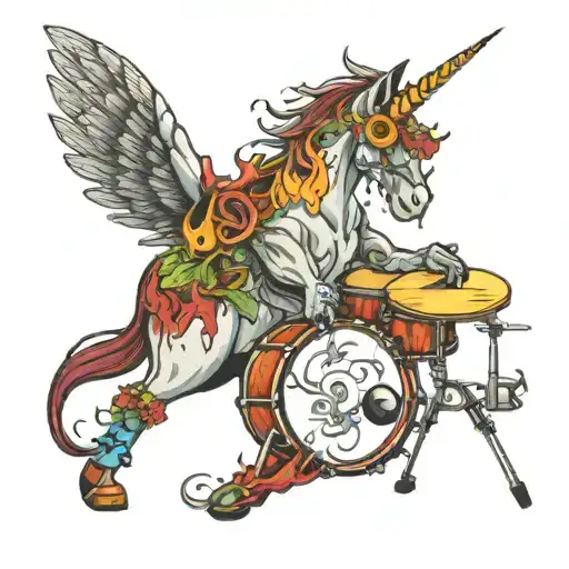 a unicorn with flaming drumsticks and drum set surrounded by shrooms and triply animals tattoo design idea