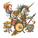 a unicorn with flaming drumsticks and drum set surrounded by shrooms and triply animals tattoo design idea