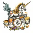 a unicorn with flaming drumsticks and drum set surrounded by shrooms and triply animals tattoo design idea