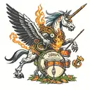 a unicorn with flaming drumsticks and drum set surrounded by shrooms and triply animals tattoo design idea