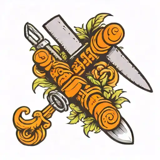 Traditional style tattoo of a chef's knife and fork intertwined with Calvin and Hobbes comic strip elements tattoo design idea