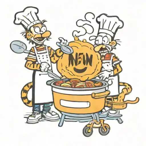 A whimsical tattoo of Calvin and Hobbes cooking together in a new-school style tattoo design idea