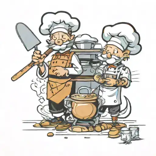 A neotraditional design of Calvin and Hobbes dressed as chefs, surrounded by kitchen utensils tattoo design idea