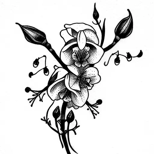 birth month flowers. bunch of 5 flowers: honeysuckle, sweet pea, larkspur and 2 roses. simple timeline tattoo. dainty  tattoo design idea