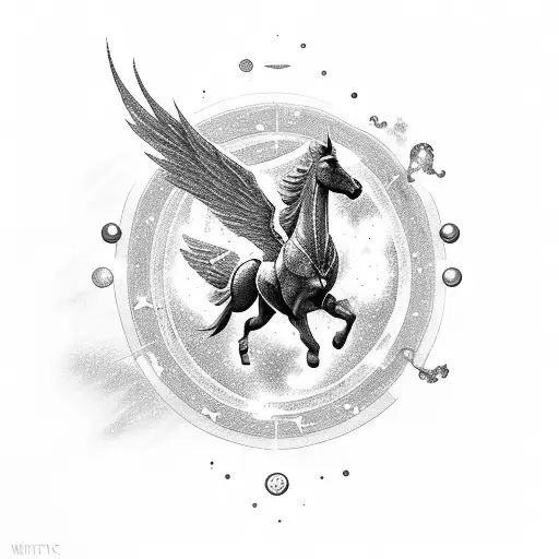 A mystical Pegasus soaring through a galaxy filled with gaming symbols tattoo design idea