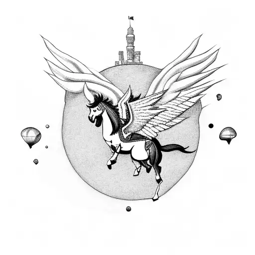 A surreal tattoo of a Pegasus flying through a library filled with gaming references tattoo design idea