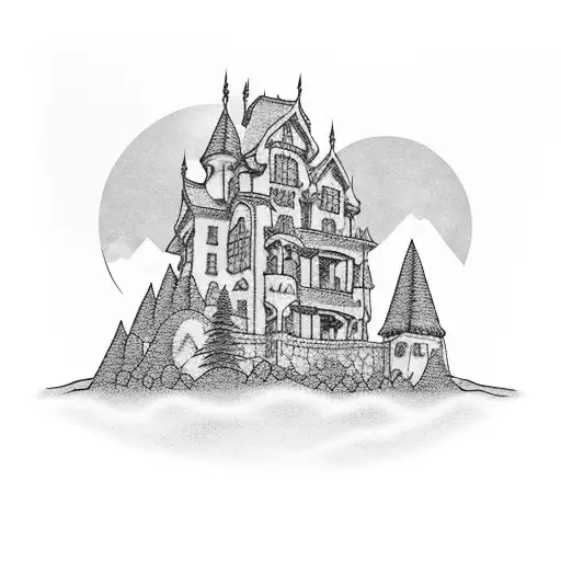 A nature-inspired tattoo of a haunted mansion nestled among mountains tattoo design idea