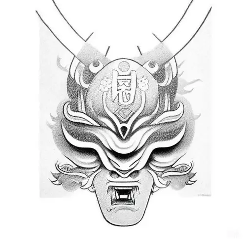 two oni masks, with sakura branches and rope tattoo design idea