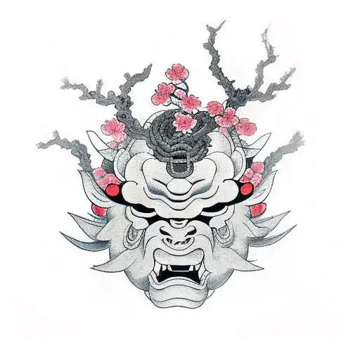 oni mask, with sakura branches and rope tattoo design idea