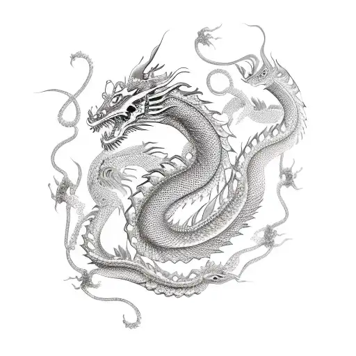 A delicate and elegant dragon inspired by Chinese mythology, with intricate patterns and symmetrical designs tattoo design idea