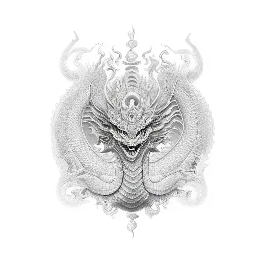 A delicate and elegant dragon inspired by Chinese mythology, with intricate patterns and symmetrical designs tattoo design idea