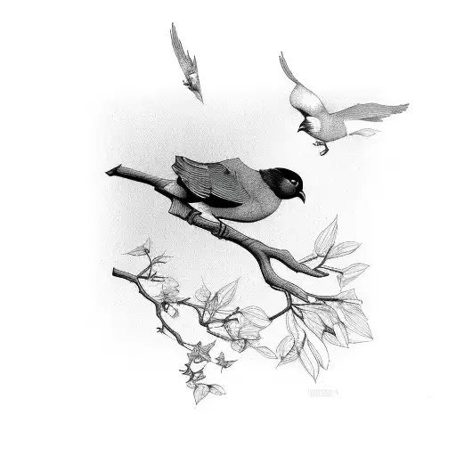 3 birds branch, 2 flying  tattoo design idea