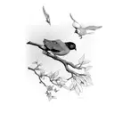 3 birds branch, 2 flying  tattoo design idea