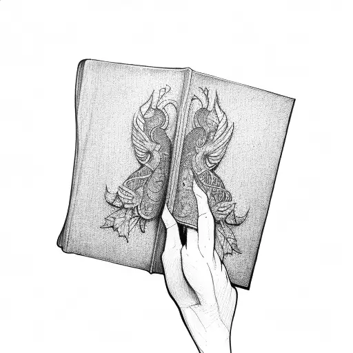 A wizard's hand holding a floating book in dotwork style tattoo design idea