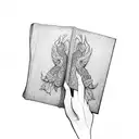 A wizard's hand holding a floating book in dotwork style tattoo design idea