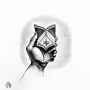 A wizard's hand holding a floating book in dotwork style tattoo design idea