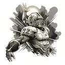 A portrait of a football player in a moment of triumph, with a subtle halo above his head and rays of light shining down on him, capturing the essence of victory and divine favor tattoo design idea