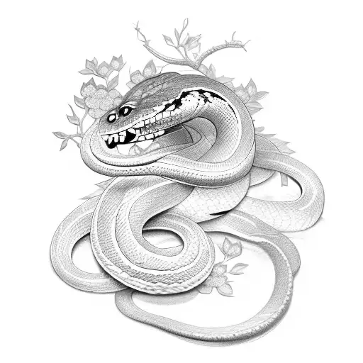 snake with sakura flowers and a sword tattoo design idea