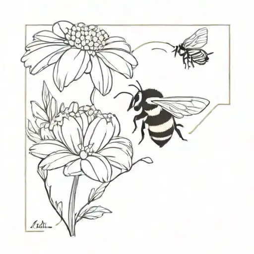 crysanthemum and bumble bee flying tattoo design idea