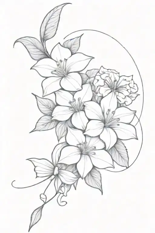 bouquet of flowers with a cute bow, 2 morning glories, one daffodil, one poinsettia, one snowdrop, and one sweet pea tattoo design idea