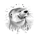 an otter performing a metal scream in the forest in front of a crowd of otters headbanging tattoo design idea