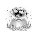 an otter performing a metal scream in the forest in front of a crowd of otters headbanging tattoo design idea