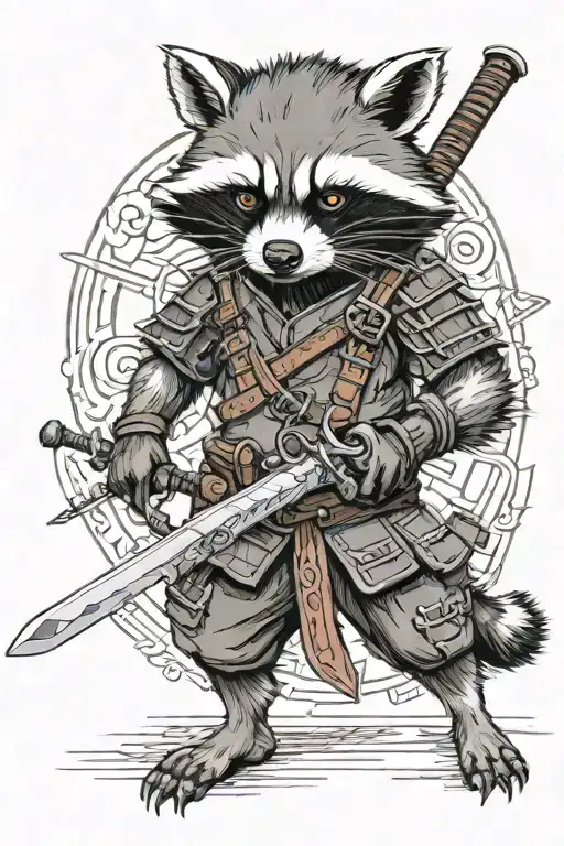 an intelligent, humanoid raccoon who is an expert in tactics and a very accurate marksman, wielding samurai swords, figh tattoo design idea