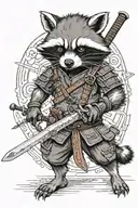 an intelligent, humanoid raccoon who is an expert in tactics and a very accurate marksman, wielding samurai swords, figh tattoo design idea
