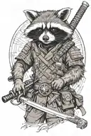 an intelligent, humanoid raccoon who is an expert in tactics and a very accurate marksman, wielding samurai swords, figh tattoo design idea