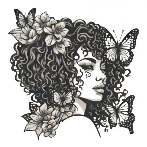 outline of woman with curly hair looking towards the left with butterflies and lotus flower tattoo design idea
