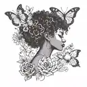  outline of a black woman with a afro looking towards the left with lotus flower and butterflies  tattoo design idea
