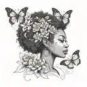  outline of a black woman with a afro looking towards the left with lotus flower and butterflies  tattoo design idea