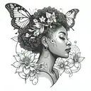  outline of a black woman with a afro looking towards the left with lotus flower and butterflies  tattoo design idea