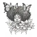  outline of a black woman with a afro looking towards the left with lotus flower and butterflies  tattoo design idea