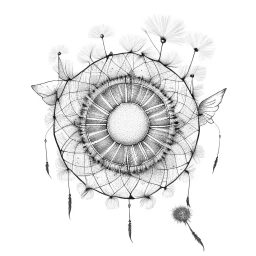 Dandelion, dream catcher, begonias, yellow sky, blue sun, ocean, butterfly tattoo design idea