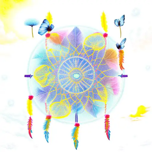 "Dandelion, Dream Catcher, Begonias, Yellow Sky, Blue Sun, Ocean, Butterfly" tattoo design idea