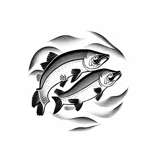 salmon and otter swimming in a river done in traditional Haida style  tattoo design idea