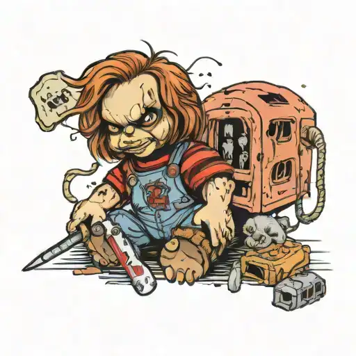 horror chucky teddy bear dystopian city from which smoke tattoo design idea