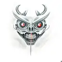 A car engine transformed into a mechanical demon with glowing red eyes tattoo design idea