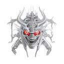 A car engine transformed into a mechanical demon with glowing red eyes tattoo design idea