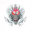 A car engine transformed into a mechanical demon with glowing red eyes tattoo design idea