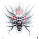 A car engine transformed into a mechanical demon with glowing red eyes tattoo design idea