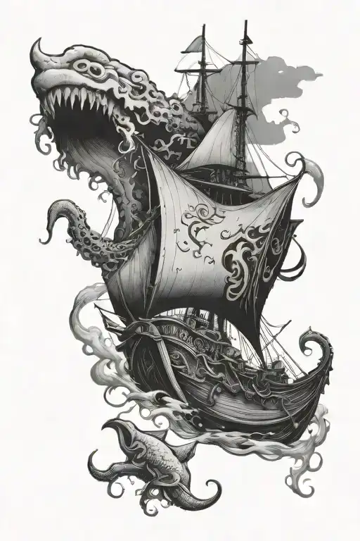 sting ray squid coexisting sunken viking ship sailing through a stormy tattoo design idea