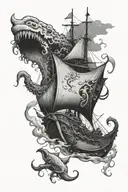 sting ray squid coexisting sunken viking ship sailing through a stormy tattoo design idea