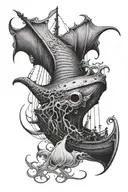 sting ray squid coexisting sunken viking ship sailing through a stormy tattoo design idea