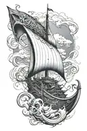 sting ray squid coexisting sunken viking ship sailing through a stormy tattoo design idea