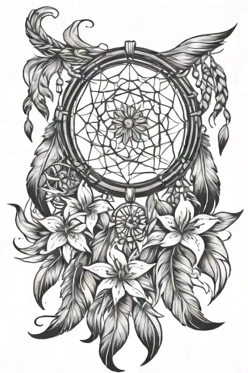 dreamcatcher with Lily's and feathers falling tattoo design idea