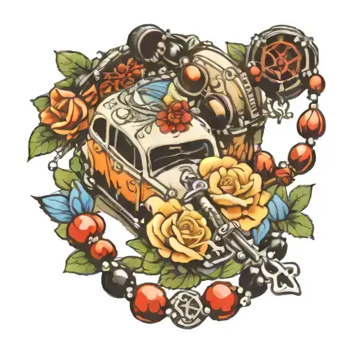 rosary wrapped with vw bug tattoo design idea