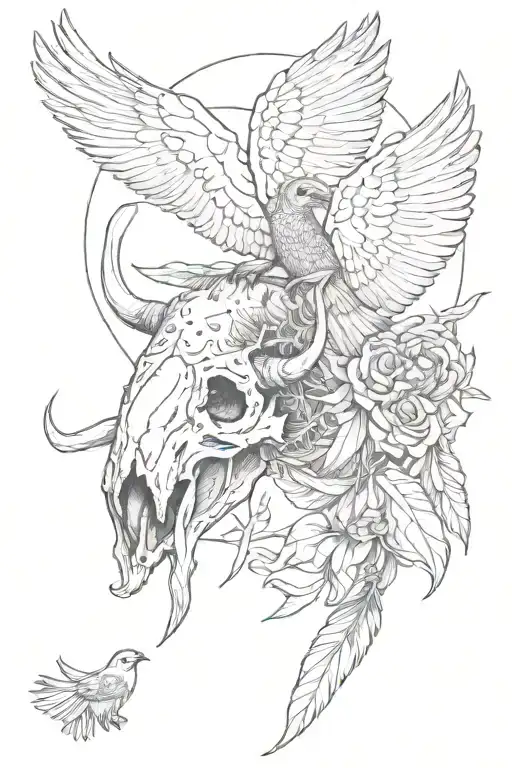bison skull and quetzal bird flying towards tattoo design idea